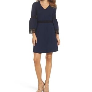 Kobi Halperin Midnight Blue Black Crochet Vanessa Bell Sleeves Dress 8